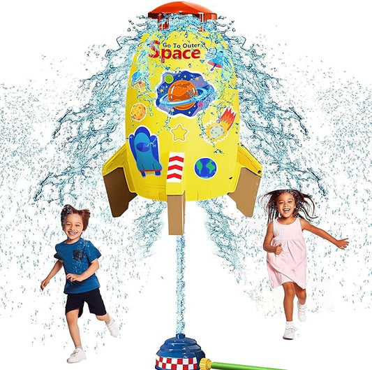 Water Rocket Sprinkler for Kids, Outdoor Sprinkler Rocket Launcher Toy for Backyard, Summer Water Toys for Kids Ages 3-12, Fun Water Powered Rocket Toy (Yellow-4)