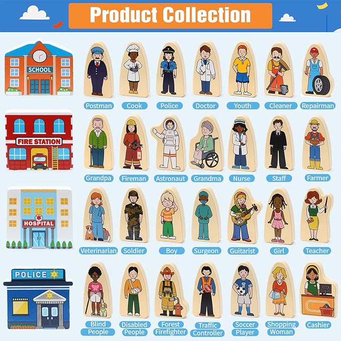 Atoylink 36Pcs Wooden Community Helpers Pretend Play Toys for Kids 3 4 5 6 Year Old, Wooden People Figures Blocks Occupations Dress up Toddlers Preschool Learning Toys Boys Girls Birthday Gifts