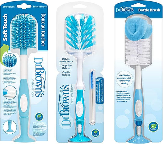 Dr. Brown's Baby Bottle and Nipple Brush Deluxe Cleaner, Soft Touch, and Sponge Brushes, Blue Variety Pack, 3 Count