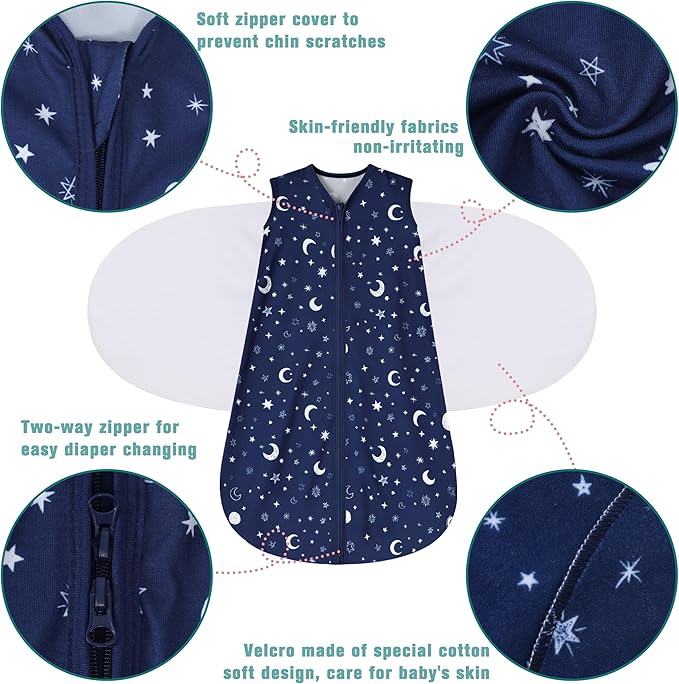 Newborn Sleep Sack Baby Swaddle,Swaddle me 3-6 Month,3-Way Adjustable Wearable Blanket,100% Rayon Cotton Swaddling Sleeping Bag，TOG 0.5 (Starry Sky, 3-6 Months)