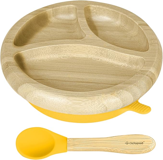 Abiie Octopod Bamboo Dish - Kids Plates for 4 months and up, 3-Compartment Baby Plates with Suction, Round Bamboo Baby Plate, Mess-Free Toddler Suction Plates, Baby Feeding Supplies, 7.5 x 7.5 x 1.9in