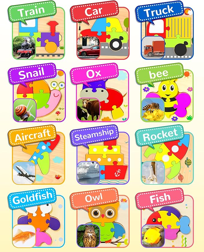 Yetonamr Wooden Toddler Puzzles Gifts Toys for Boys Girls, 12 Vehicle Shape Montessori Toy Educational Blocks Kids Toys Gift Baby Learning Toy