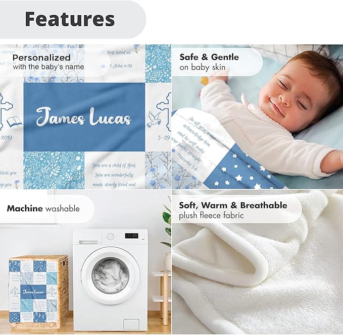 MDPrints Custom Baby Blankets for Boys and Girls, Personalized Baby Gifts, Customized Newborn Blanket with Name, Minky Plush Fleece (Baptism TM02)