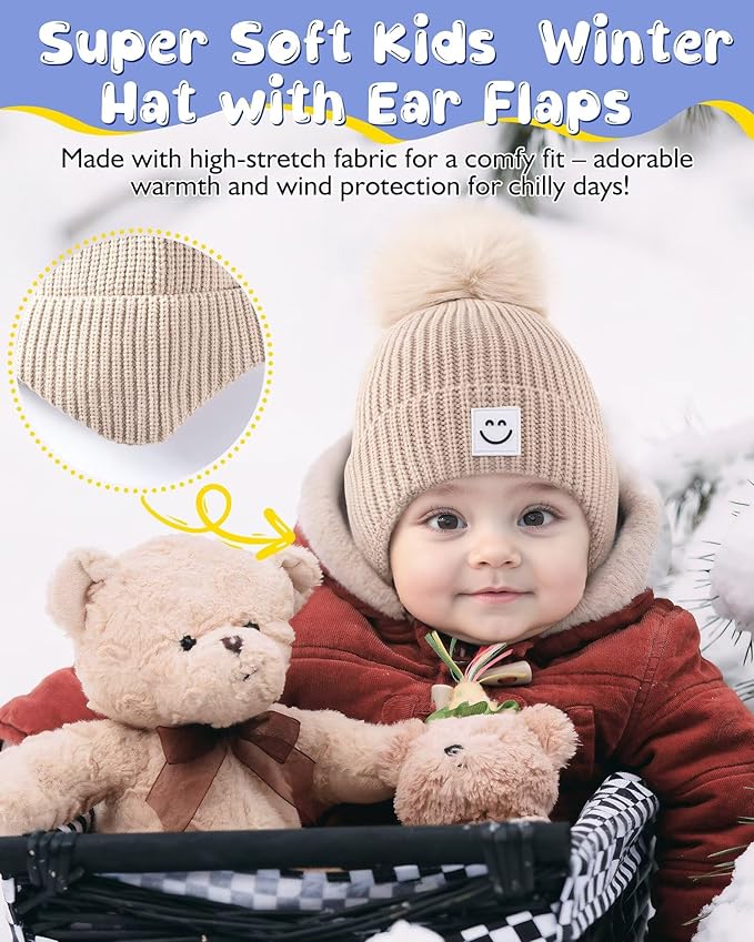 3 Pack Baby Winter Hats with Earflaps, 2 Size Kids Pom Pom Beanie for Infant Toddler Children, Smiley Face Hat for Girls Boys