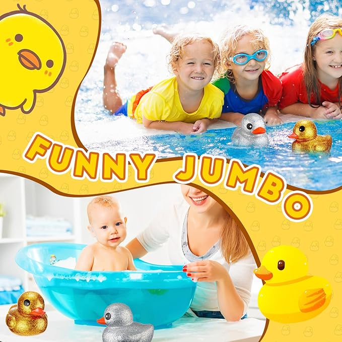 Honoson 2 Pcs 6.89 Inch Giant Glitter Rubber Ducks Big Sparkly Rubber Ducks Jumbo Bathtub Toys with Squeaky Sound for Baby Shower Pool Activity Birthday Gift(Glitter,Gold, Silver)
