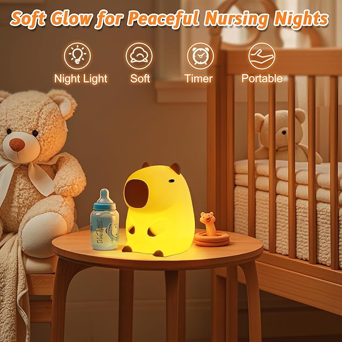 Capybara Night Light, Mothers Day Gifts, Cute Squishy Nursery Animal Silicone Night Lamp with Rechargeable & Timer & Dimmer, Capybaras Gifts for Mother, Father, Women, Girls, Boys