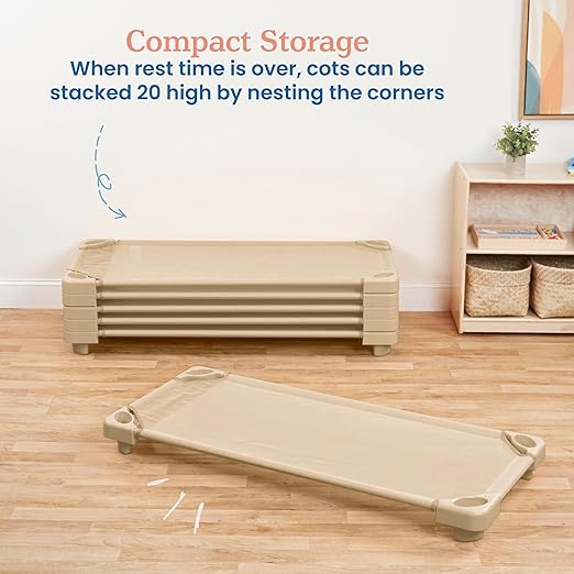 ECR4Kids Stackable Kiddie Cot, Ready-to-Assemble, Standard Size, Classroom Furniture, Sand, 6-Pack