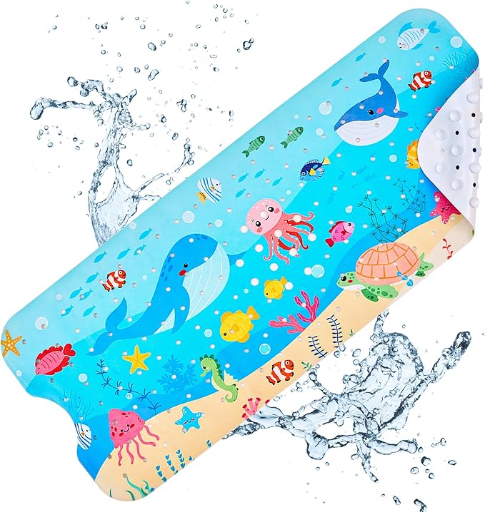 Vannokor Baby Bath Mat for Tub Non Slip Kids, 40 X 16 Inch Extra Long Bathtub Mat with Drain Holes and Suction Cups, Anti Slip Shower Mat Machine Washable, Whale