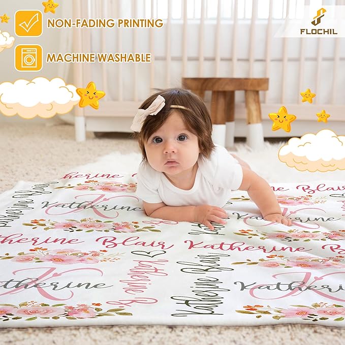 FLOCHIL Personalized Baby Blankets, Custom Baby Blanket - Baby Blanket with Name for Girls, Best Gift for Newborn Floral Plush Fleece (30x40) (Monogram)