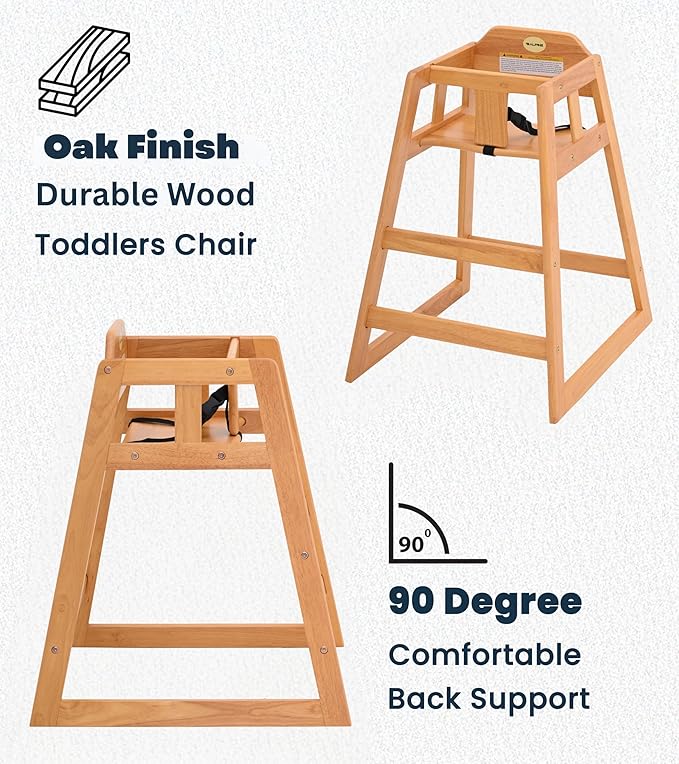 Alpine Wooden High Chairs for Babies and Toddlers with Safety Strap, Commercial Grade Restaurant High Chair, Durable Wood Space Saver Baby Feeding Chair, Ideal for Dining Spaces (2 Pack, Oak)