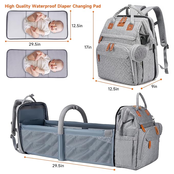 Diaper Bag Backpack Diaper Bag Multifunctional Waterproof Diaper Bag with Changing Station Travel Backpack with Changing Pad, Pacifier Case & Stroller Straps(Grey)