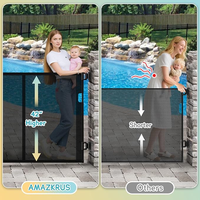 71'' Retractable Baby Gates Extra Wide for Stairs, 42" Tall Black Mesh Dog Child Pet Safety Indoor Outdoor Retractable Gate for Doorways, House, Hallway, Deck with Reinforcement Strips