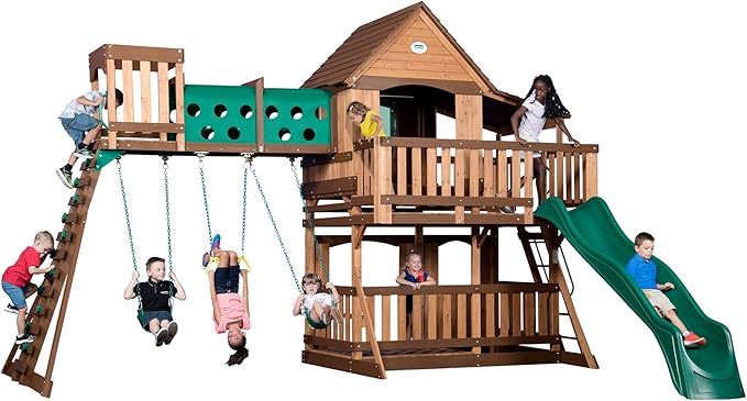 Backyard Discovery Woodridge Elite Cedar Wood Swing Set with Wave Slide, Clubhouse, Crawl Tunnel, Crow's Nest, Belt Swings, Trapeze, Rock Wall Ladder, Sandbox, Wrap-Around Porch, Deck, Outdoor Playset