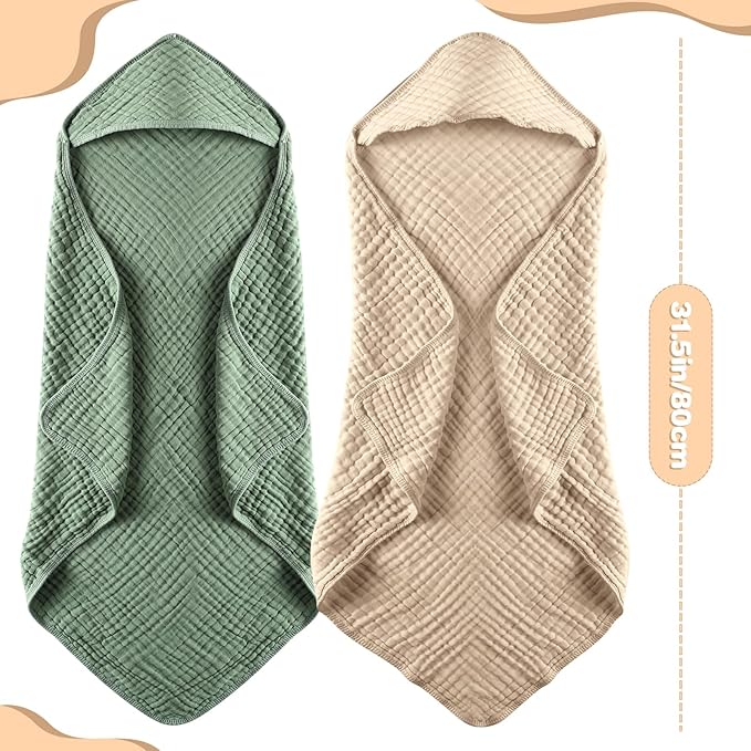 MUKIN Baby Hooded Towels, Muslin Cotton, 2-Pack, for Newborn, Infant, Toddler and Kids (Dark Green,Khaki)