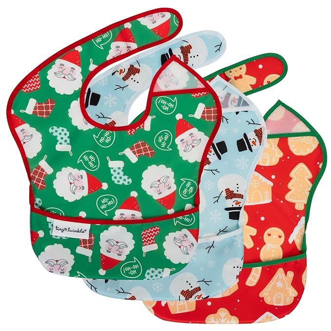 Tiny Twinkle Mess Proof Baby Bibs for Eating – Waterproof, Wipeable Toddler Bibs with Pocket – Baby Food Bibs for Girls & Boys(3 Pack,Christmas)