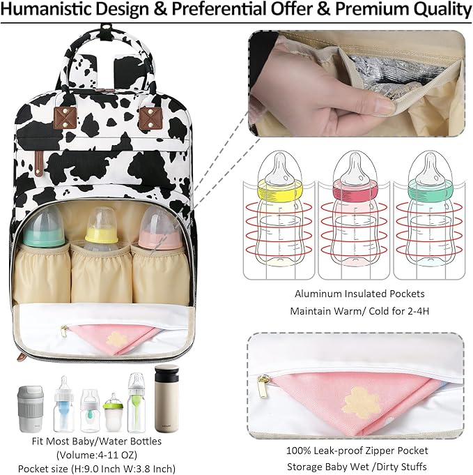 Large Capacity Baby Diaper Bag Backpack with Insulated Pockets, Waterproof, Stylish Cow Print Design, Suitable for Boys and Girls