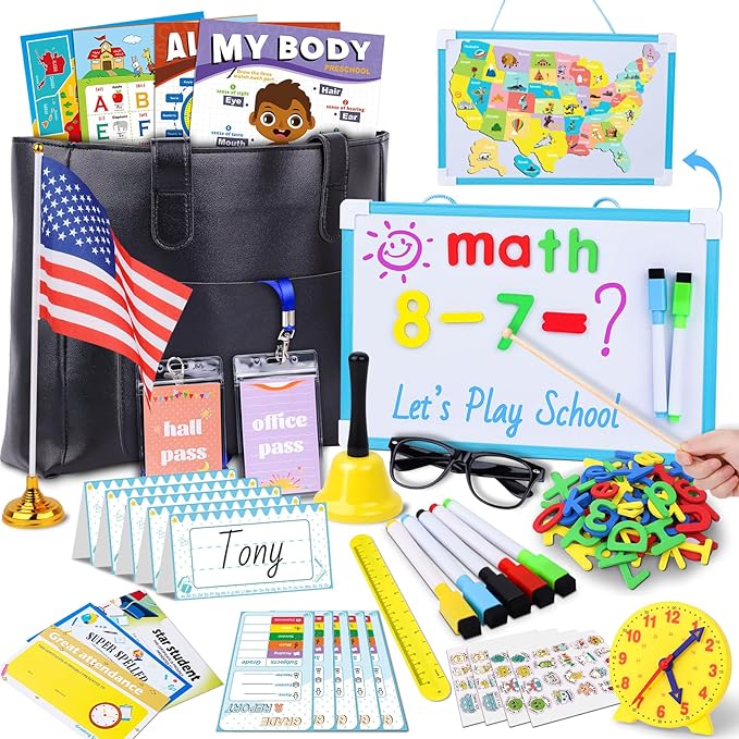 Gifts2U Pretend Play School Sets for Kids - With Teacher Bag, Whiteboard, Learning Clock, Educational Posters and Teaching Toy Supplies.