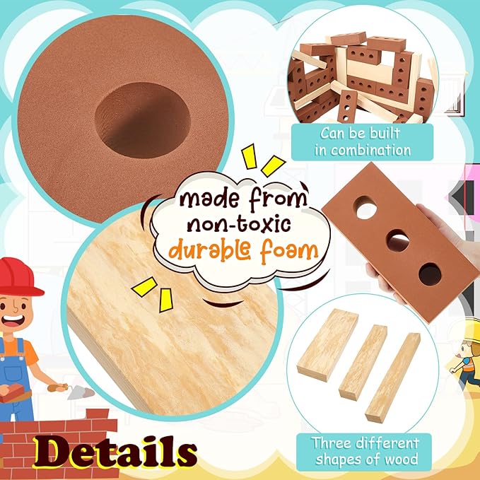 Deekin 25 Pcs Foam Brick Building Blocks and 12 Pcs Wooden Beam Foam Thick Cinder Blocks Large Fake Brick Builders Set for Construction and Stacking(Red)