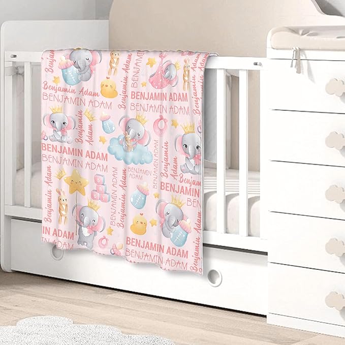 Personalized Baby Blanket for Girls Boys Elephant Custom Baby Blanket with Name Swaddle Blanket for Toddlers Infants Kids Shower Newborns Nursery Stroller Crib Decor Throw Birthday Gift