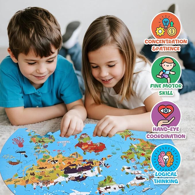 70 Piece World Map Jigsaw Puzzle for Kids 4-8, Large Round Floor Puzzles for Kids Ages Toddler Puzzle Globe Geography Games Educational Toys Birthday for Children (World Map)