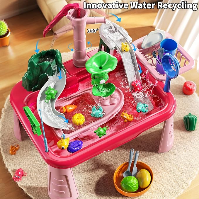 Water Table for Toddlers 3-5- Kids Play Sink with Pump and Running Water, Water Table for Kids Ages 4-8 with Fishing Game, Summer Outside Sensory Gift Toys for Boy and Girl 3 4 5 6 7 8 (Red)