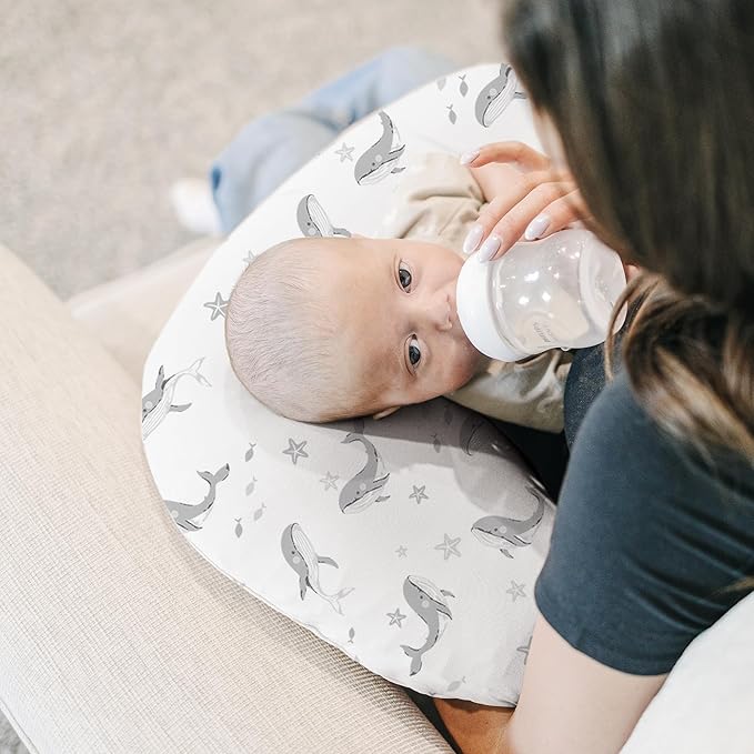 Konssy 2 Pack Nursing Pillow Covers, Stretchy and Soft Nursing Cover for Breastfeeding Pillows, Pillow Slipcover for Baby Girls Boys Newborn (Starry Whales,Cozy Grid)