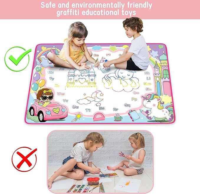 Water Doodle Mat- Kids Painting Writing Doodle Board Toy - Color Drawing Mat Bring Magic Pens Educational Toys for Age 3 4 5 6 7 8 9 10 Year Old Girls Boys Toddler Present