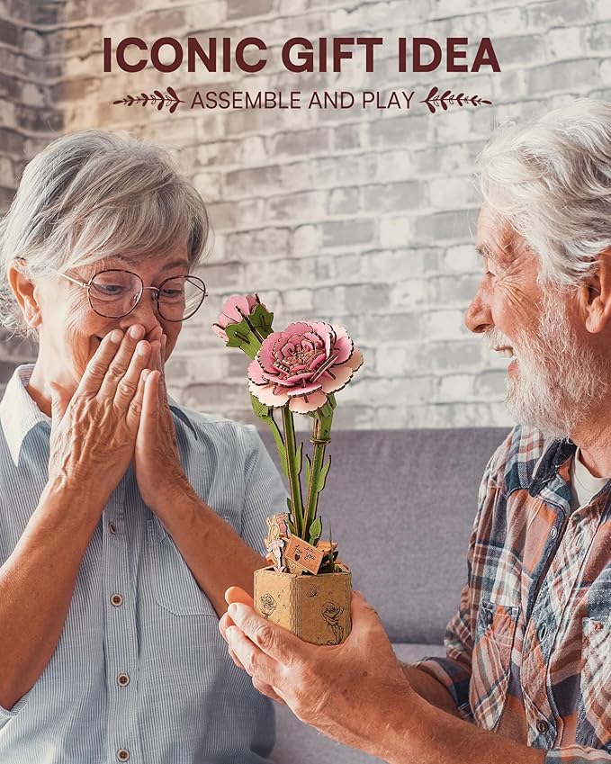 3D Flower Wooden Puzzles for Adults-Pink Carnation, DIY Wooden Flowers Model Kit Building Set Crafts for Adults to Build, Botanical Collection/Ideal Creative Gift Ideas/Housewarming (124PCS)