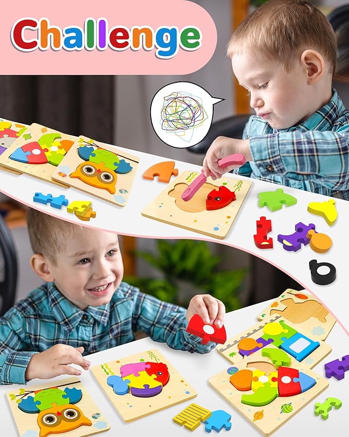 Yetonamr Wooden Toddler Puzzles Gifts Toys for Boys Girls, 12 Vehicle Shape Montessori Toy Educational Blocks Kids Toys Gift Baby Learning Toy