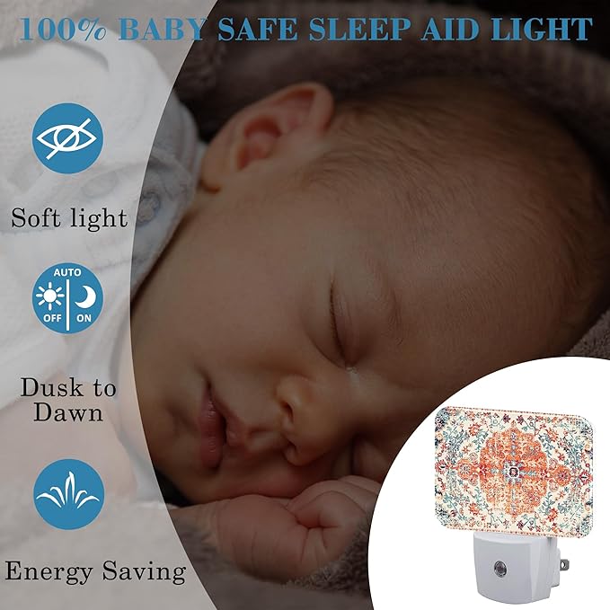 Retro Ethnic Texture Night Light Plug into Wall, Vintage Bohemian Night Light with Dusk to Dawn Sensor for Kid Girls Boys Women Men Bedroom, Hallway, Kitchen, Bathroom, Stairs Decor