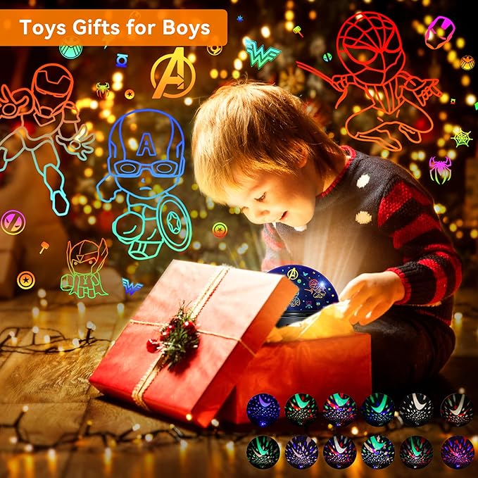 Kid Light Projector Superhero Toys for Boys 5-7 Avengers Night Light Projector with Timer for Kids Room, 360 Degree Rotation Toddler Nightlights with Spiderman Figurine Star Lamps