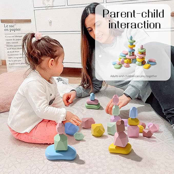 OESSUF 34PCs Stacking Rocks Balancing Stones Wooden Stacking Toys for Toddler Montessori Sorting Game