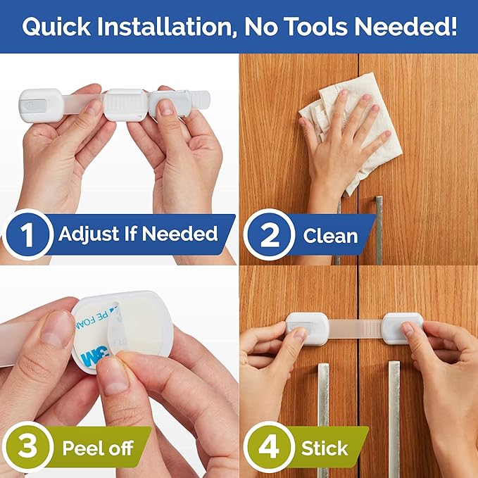 Child Safety Strap Locks (10 Pack) Baby Locks for Cabinets and Drawers, Toilet, Fridge & More. 3M Adhesive Pads. Easy Installation, No Drilling Required, White/Gray