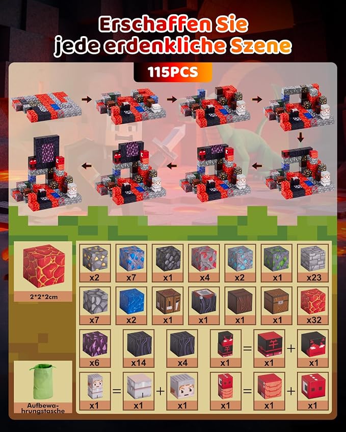 115PCS Magnetic Blocks - Building Toys for Boys Girls 3+, with 20 Unique Patterns, Lava Rivers, Volcanoes, & Dragons, STEM Sensory Toys for Kids Boys Girls Ages 3 4 5 6 7 8 9 Birthday Gifts