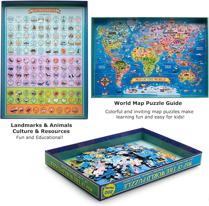 200 Pieces World Map Puzzle for Kids & Adults, World Map Jigsaw Puzzle Floor Puzzles Toddler Geography Educational Toys for Boys and Girls, Globe Atlas Puzzle Maps for Kids Learning Games