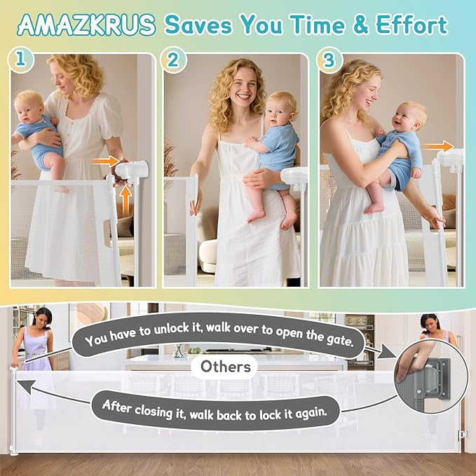 160'' Retractable Baby Gates Extra Wide, 42" Extra Tall Retractable Dog Gate for Doorways,13 Foot Safety Upgrade Extra Long White Retractable Baby Gate for Stairs, Indoor/Outdoor Retractable Gate