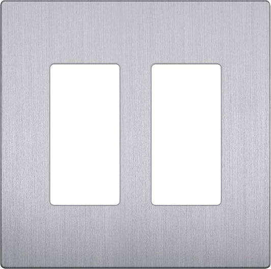 LIDER Brushed Finish Decorator Switch Cover, Screwless Wall Plate, Mid-Size 2-Gang 4.88" x 4.92", Unbreakable Polycarbonate Thermoplastic, UL Listed, LSWP-32M-BSV, Brushed Silver