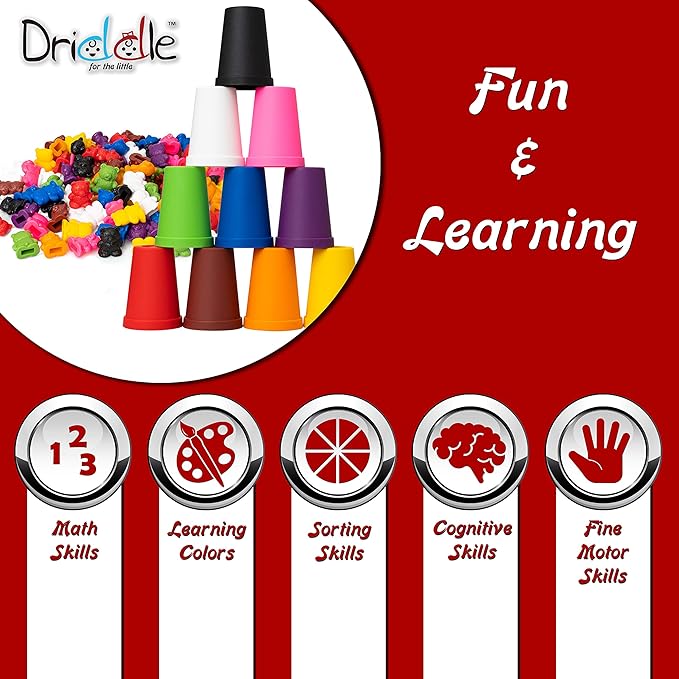 Colorful Counting Bears with Matching Cups - 100 Bears - Sort, Count & Color Recognition Learning Toy for Toddler & Kids - Montessori Education - Preschool Game