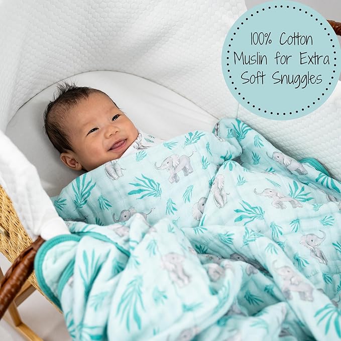 LollyBanks Muslin Baby Blanket 100% Organic Cotton, Muslin Quilt Lightweight, 6 Layers Soft Blanket Neutral, 47"x 47" Toddler Blankets for Girls and Boys, Nursery Receiving Blankets (Elephant Print)
