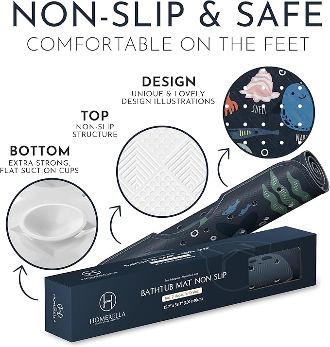 Homerella Baby Bath Tub Mat | Anti Mold Mildew Resistant Non Slip Kids and Adult Bath Tub Shower Mats | 40x16 inch Long with Suction Cups for Secure Grip Hooks for Storage & Drying | Machine Washable