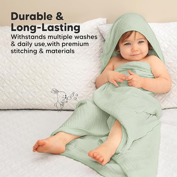 KeaBabies Muslin Hooded Baby Towels for Newborn Girls, Boys - 2-Pack, 35x35 Organic Cotton Baby Bath Towels Hooded, Soft Absorbent, Toddlers, Kids, Infant, Newborn Bath Essentials (Sage, Regular)