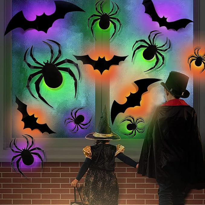 36 Pcs Halloween Wall Decor 3D Led Bats Spiders Wall Stickers Removable Light Up Spiders Bats Decals for Indoor Outdoor Window Door Halloween Party Decorations