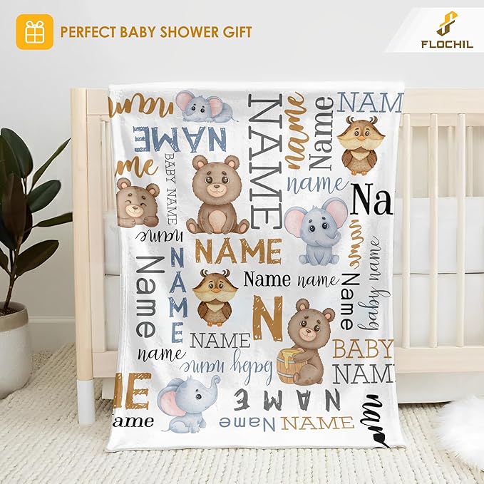 FLOCHIL Personalized Baby Blankets, Custom Baby Blanket - Baby Blanket with Name for Boys, Best Gift for Newborn Elephants Flush Fleece (30x40) (Monogram 2)