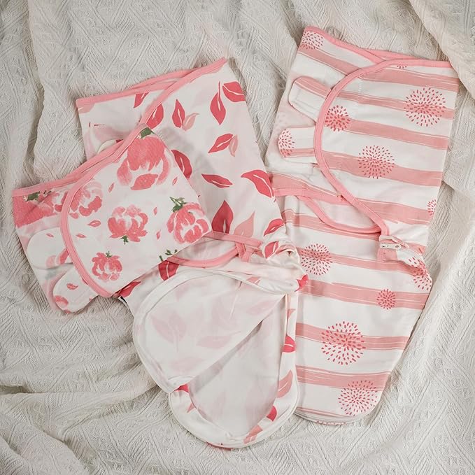 GLLQUEN BABY Baby Swaddle Sleep Sacks with Zipper - 3-Pack Newborn Swaddling Sack, Baby Swaddles Sleep Sack 0-3 Months,Pink Floral or Leaves, Swaddling Blankets 3 Pack Wrap Set, Easy Change Swaddle