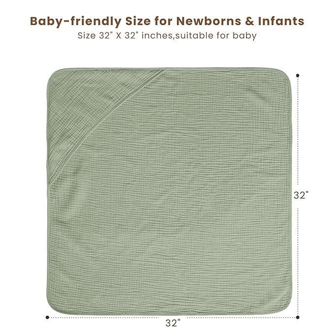 Konssy 2-Pack Muslin Hooded Baby Towels, 100% Cotton, Ultra-Soft & Absorbent Baby Bath Towels with Hood for Newborn & Infant (Fog Green, Sprout, 32" x 32")