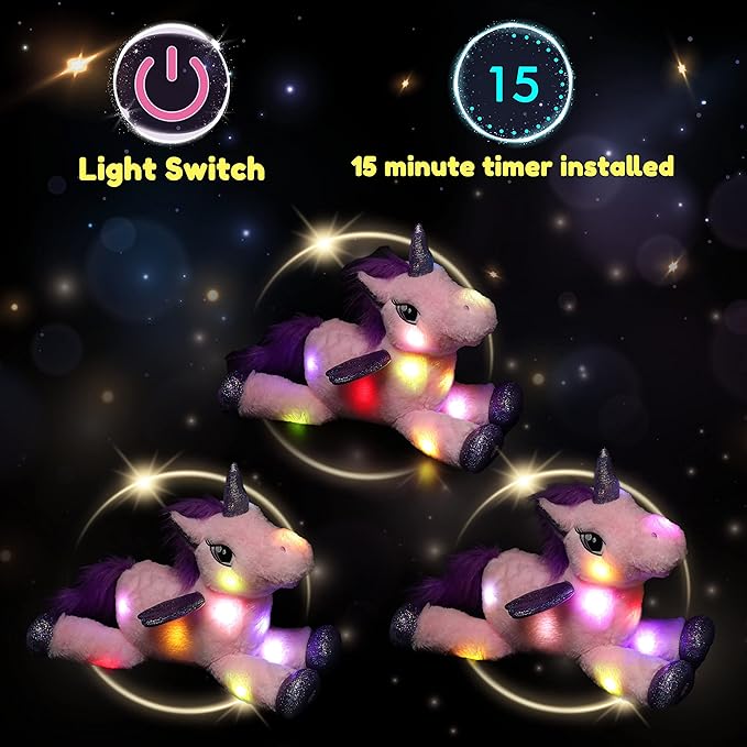 Hopearl LED Plush Unicorn Lighting Up Stuffed Animal Floppy Night Lights Glow in The Dark Birthday Festival for Kids Toddler Girls, Pink, 16''