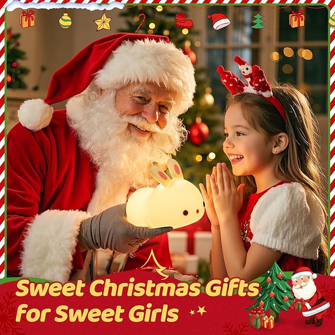 One Fire Bunny Christmas Night Light for Kids, 16 Colors Cute Lamp, Soft Silicone Baby Night Light, 1200mAh Portable Dimmable Touch Lamps, Kawaii Room Decor Stuff, Gifts for Christmas|Halloween|Easter