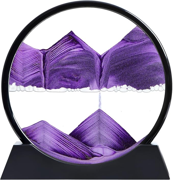 Moving Sand Art Liquid Motion, 3D Deep Sea Sandscape Color Quicksand Decor, Round Glass Moving Sand Art Picture Relaxing Desktop Home Office Work Decor (Purple, 12 inch)