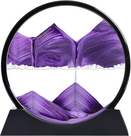 Moving Sand Art Liquid Motion, 3D Deep Sea Sandscape Color Quicksand Decor, Round Glass Moving Sand Art Picture Relaxing Desktop Home Office Work Decor (Purple, 12 inch)