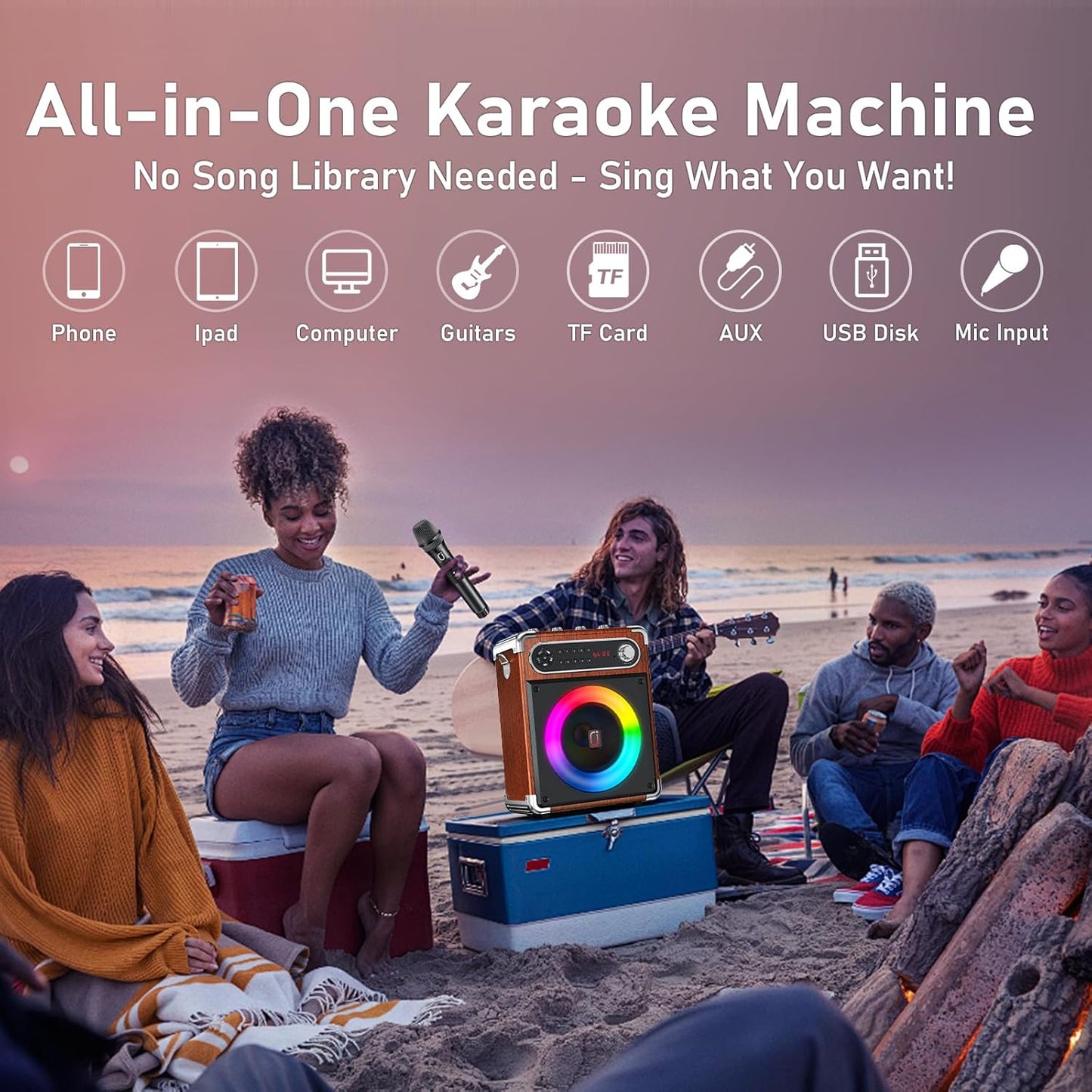 Karaoke Machine with 2 Wireless Microphones,【Upgraded 6.5"Woofer & 2"Tweeter】Portable Bluetooth 5.3 Karaoke Speaker, PA System with Bass/Treble/Echo Adjustment, Supports USB/AUX/TF/TWS for Home Party